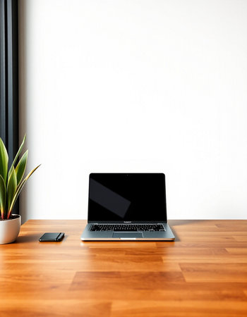 Laptop on wooden desk with white wall and plant. 3d rendering