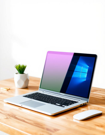 Laptop on a wooden table, with a white wall in the background