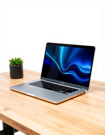 Laptop on wooden table and white wall background. 3d rendering.
