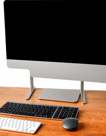 Computer with keyboard and mouse on a wooden table. White background.