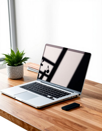 Laptop on a wooden desk in front of a white wall with a green plant