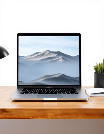 laptop on wood table with mountain background. 3d rendering.