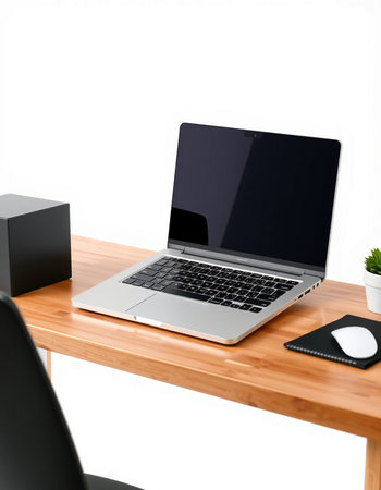Laptop on wooden desk isolated on white background. 3D rendering.