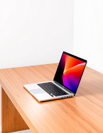 Laptop with colorful screen on wood table in office room, stock photoの写真素材