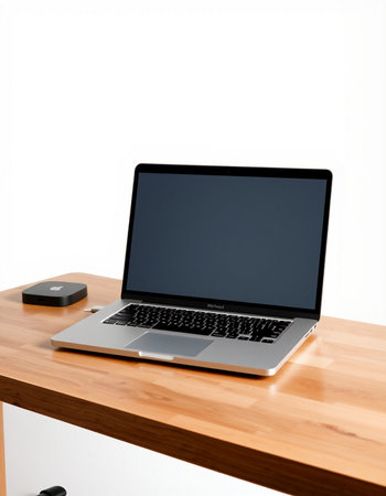 Laptop on wood desk isolated on white background with clipping path.