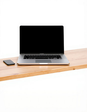 Laptop on a wooden shelf. Isolated on white background.