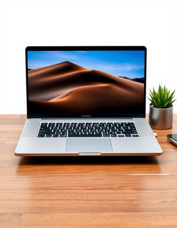 Laptop on wooden table with dunes and plant on white background