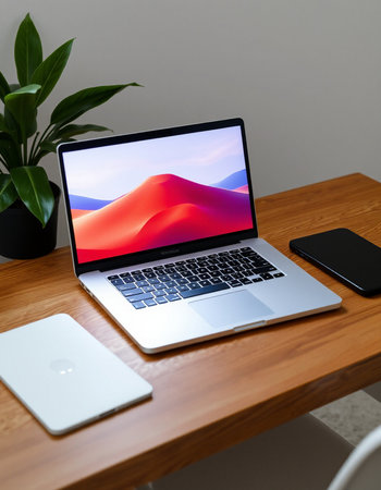 Laptop and mobile phone on wooden table. 3d rendering.