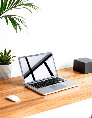Laptop on a wooden desk with a white wall in the background