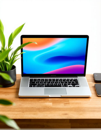 Laptop on wooden table with green plant and smartphone on white background