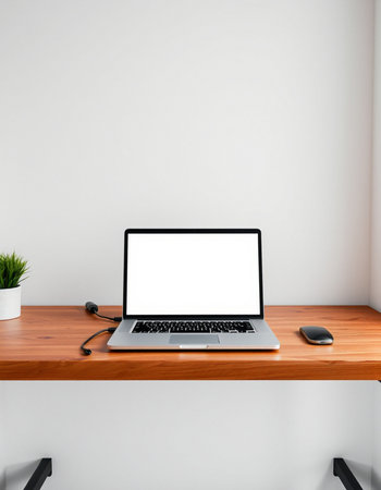Laptop with blank screen on wooden table in office. 3d renderの写真素材