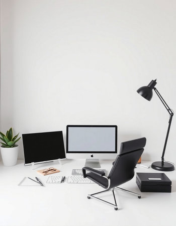 workplace with computer, lamp and stationery on white wall background