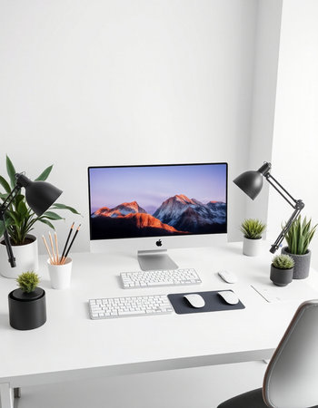 workplace with computer, lamp and plant on white table. 3d rendering