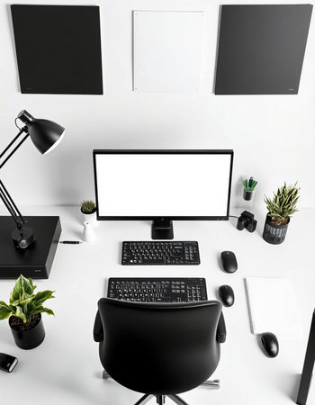 Modern workplace with computer and office supplies on white background. 3d rendering.