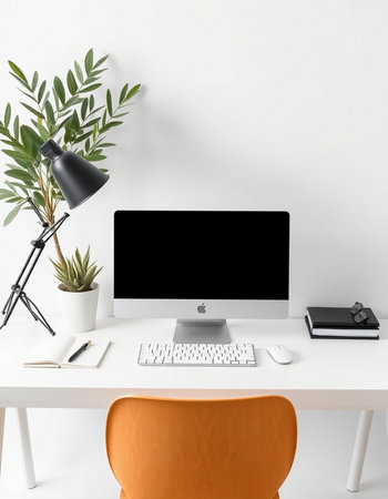 Modern workspace with computer, keyboard, mouse, coffee cup and plant. Mock up