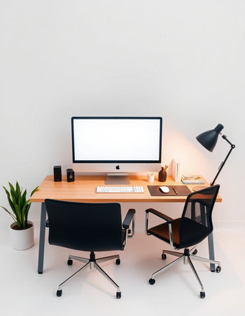 Workplace with computer, lamp and chair. Workplace concept. 3D Rendering