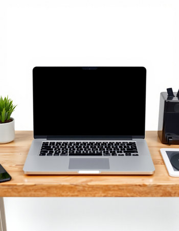 Workspace with laptop computer and office supplies on wooden desk isolated on white background