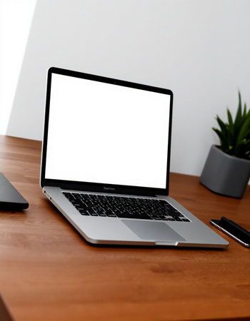 Mockup image of laptop with blank white screen on wooden table