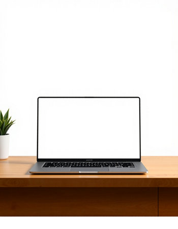 Laptop computer with blank screen on wooden table isolated on white background
