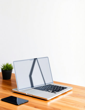 Laptop and smart phone on a wooden table with white wall background