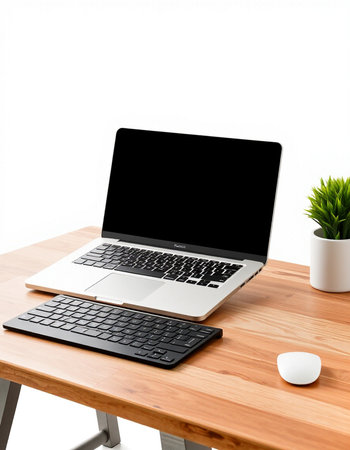 Laptop on wooden table with white background. 3d rendering.