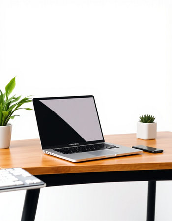 Laptop on wooden desk with white wall background. Workplace concept.