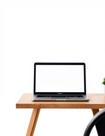 Laptop computer with blank screen on wooden table isolated on white background