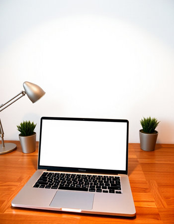 Laptop with blank screen on wooden table and white wall background.