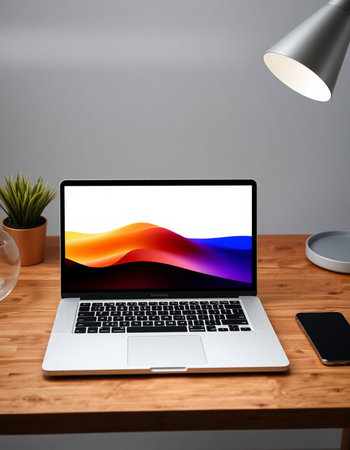 Laptop on wooden table with colorful screen. 3d rendering.