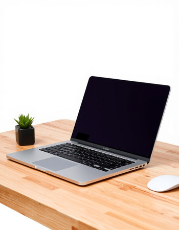 Laptop on wooden table isolated on white background with clipping path.