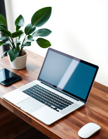 Laptop with blank screen on wooden table in office. Mockup