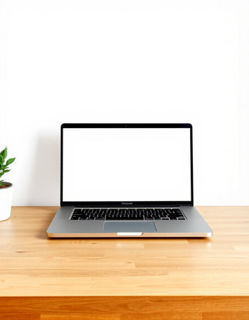 Laptop with blank screen on wooden table and white wall background.