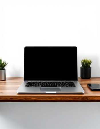 Laptop with blank screen on wooden table. 3d render.