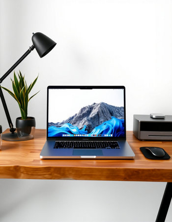 Modern workplace with laptop on wooden table and white wall background, 3d render