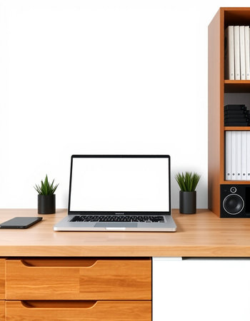Close up of modern workspace with blank screen laptop computer and office supplies on wooden table....