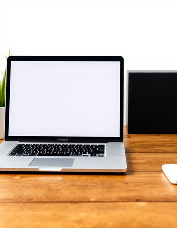 Laptop with blank screen on wooden table with white wall background.