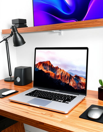 3D illustration laptop and work stuff on table, Workspace background
