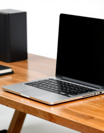 Laptop on a wooden table in front of a white wall.