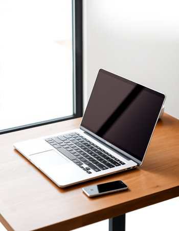 Laptop with blank screen on wooden table in office, stock photo