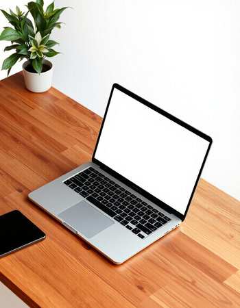 Laptop computer with blank screen on wooden table and white wall background