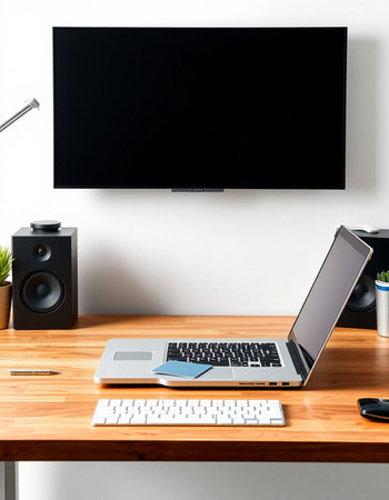 workplace with computer, keyboard and mouse on wooden table in office