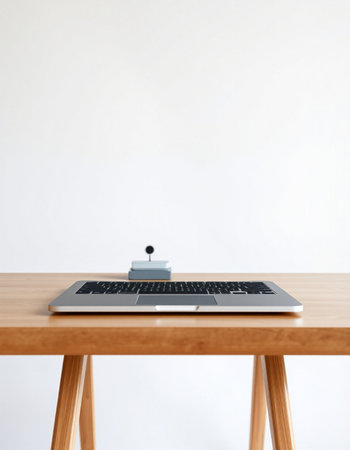 Laptop on wooden table and white wall background. 3D Rendering