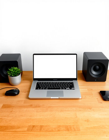 Laptop with blank screen on wooden desk with speaker and mobile phone