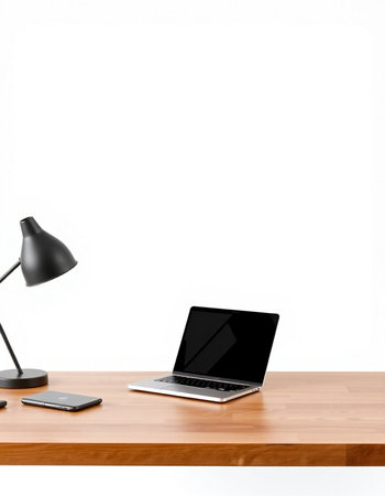 Modern workspace with laptop, smartphone and lamp. 3D Rendering