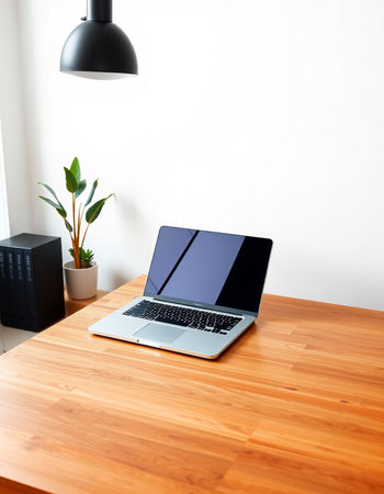Laptop with blank screen on wooden table in modern office room.の写真素材