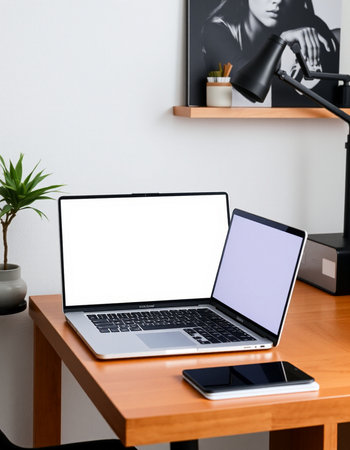 Laptop with blank screen on wooden table in office, mockup