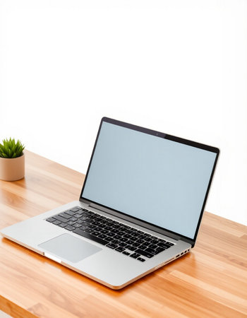 Laptop with blank screen on wooden table and white wall background.