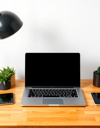 Laptop with blank screen on wooden table and lamp on white wall background