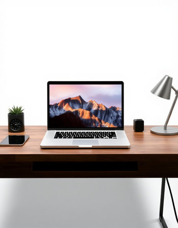 Modern workplace with laptop on wooden table, clipping path included. 3d render