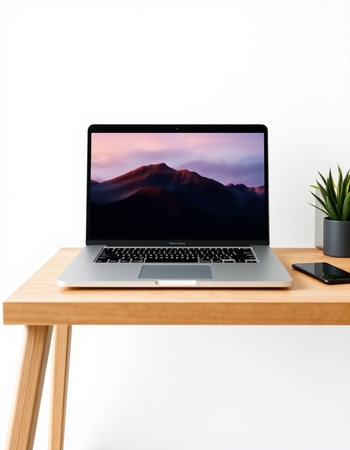 Laptop on wooden table and white wall background. 3d rendering.